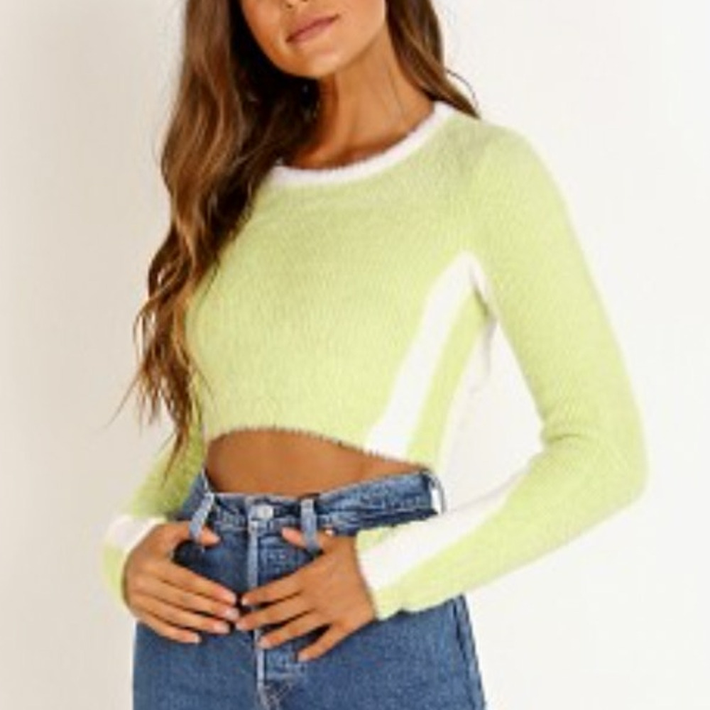 For Love & Lemons Lime Green and White Cropped Fuzzy Sweater